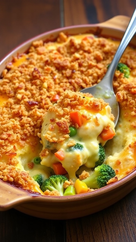 Cheesy quinoa chicken casserole with broccoli and bell peppers, topped with breadcrumbs, in a rustic dish.